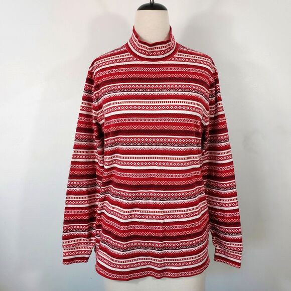 Lands End Shirt Top Mock Neck Long Sleeve Womens Size XL Red White 100% Cotton - Picture 2 of 12